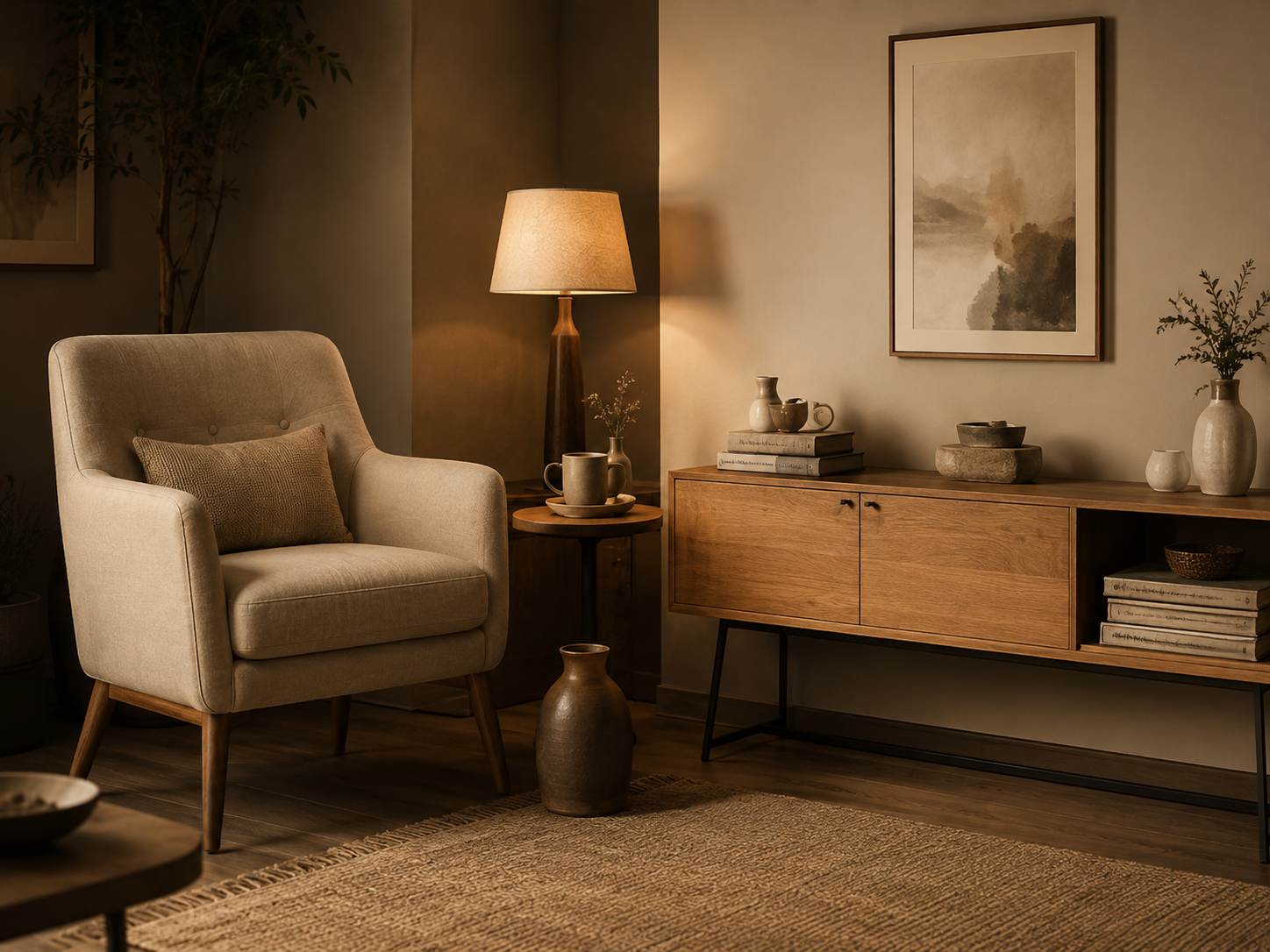 Cozy interior with armchair and reading lamp