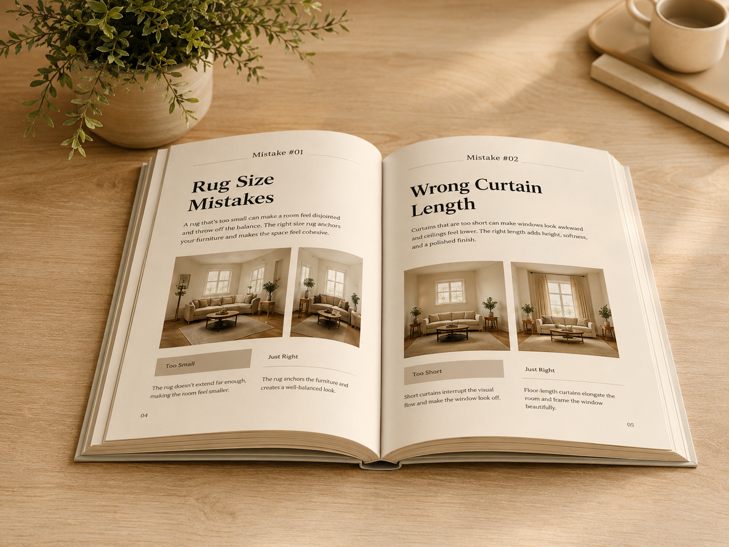 Open book showing interior design mistakes and solutions